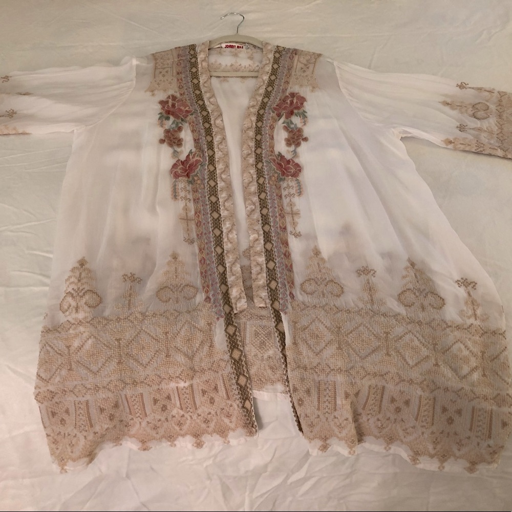 Johnny Was Sheer White Embroidered Kimono with Dusty Rose Accents